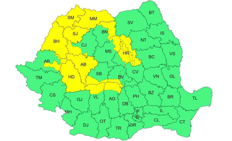Atenționare de Cod Galben de instabilitate atmosferică în Alba și alte județe: averse torențiale, vânt și descărcări electrice